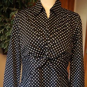 Jones New York Black & White Polka Dot Blouse Collared Long Sleeve Size M